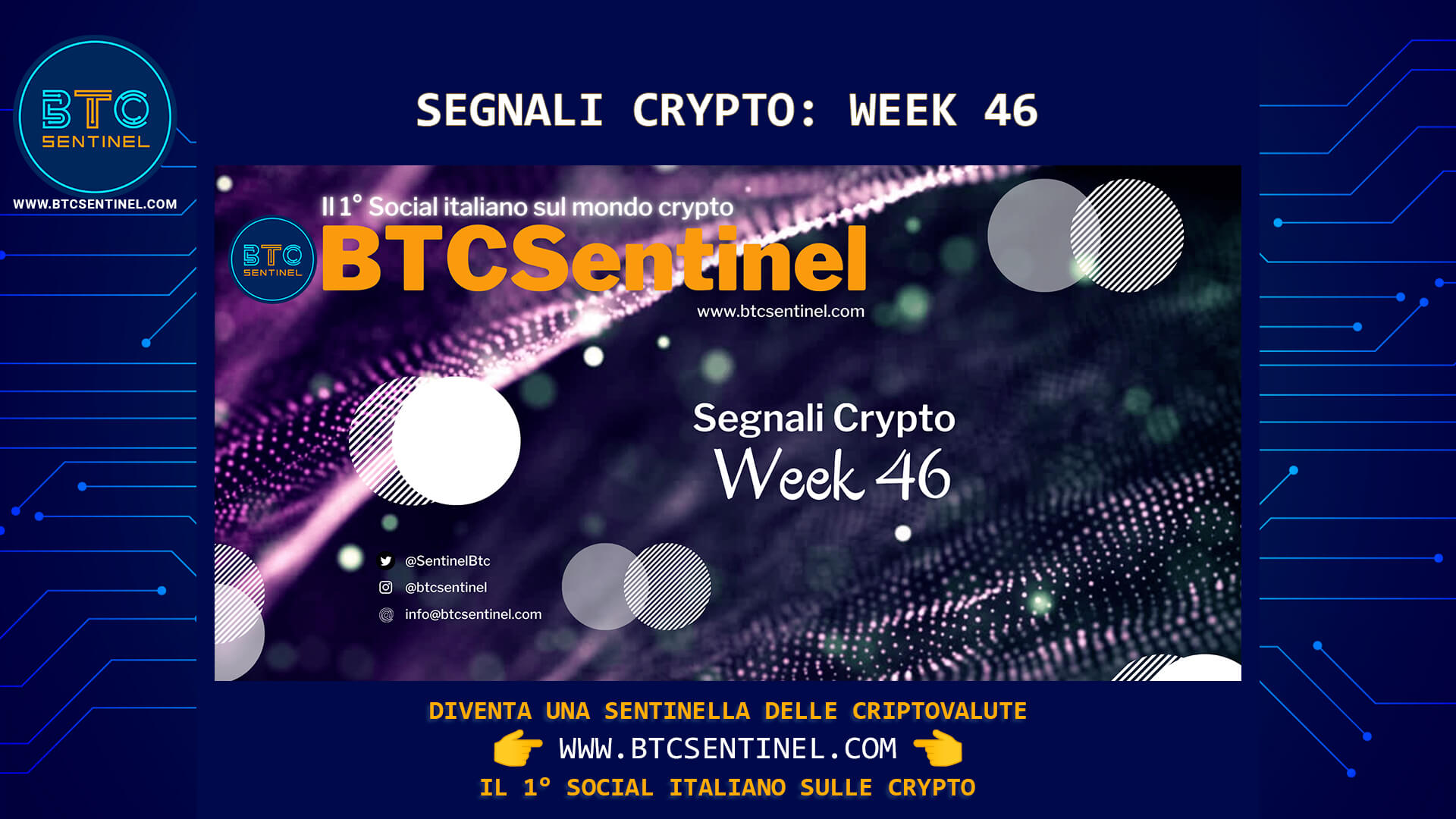 Segnali Crypto Week 46, alle 17.00 sul canale YouTube BTCSentinel
