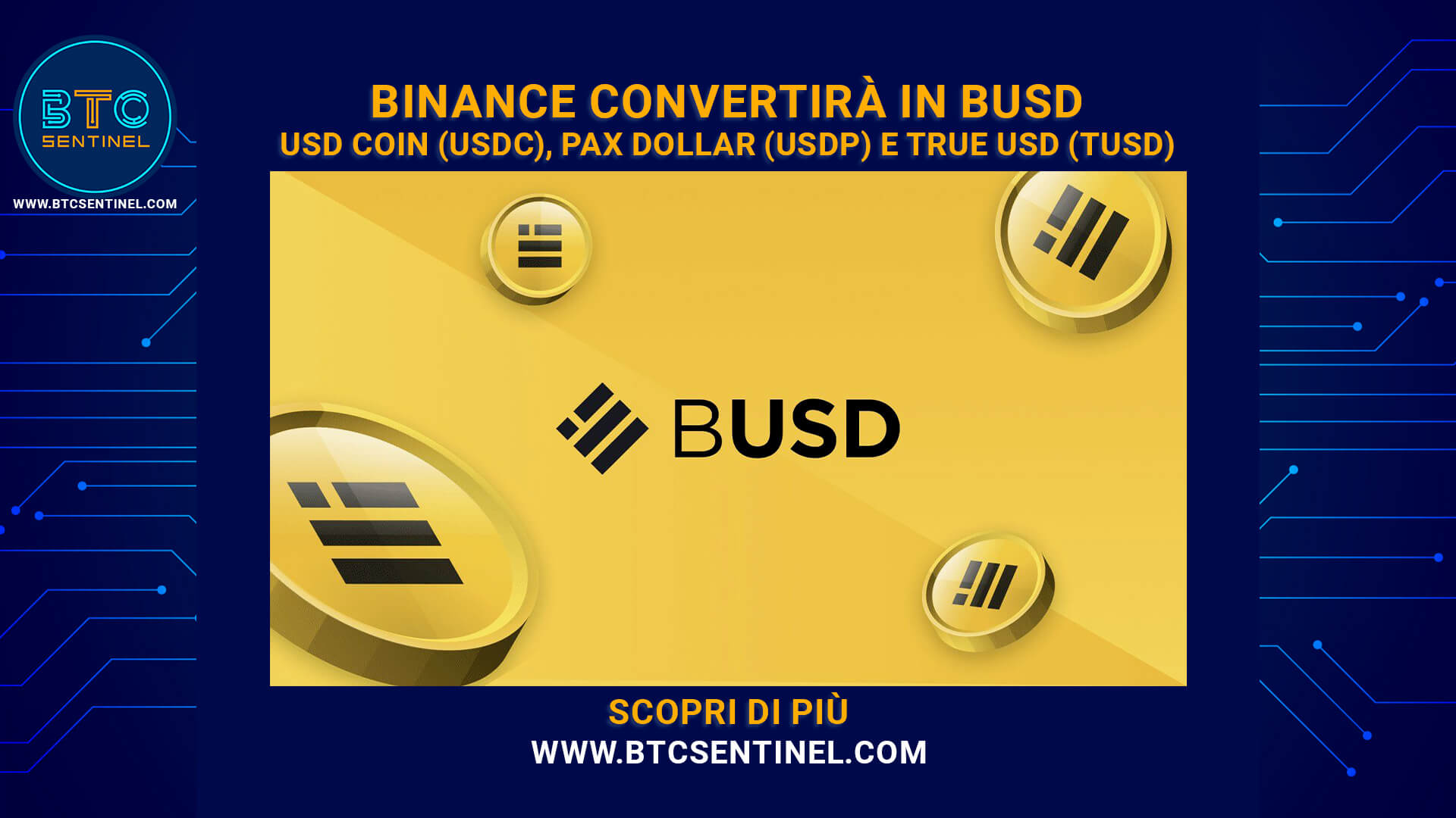 Binance: stop trading USDC, USDP, TUSD e conversione in BUSD